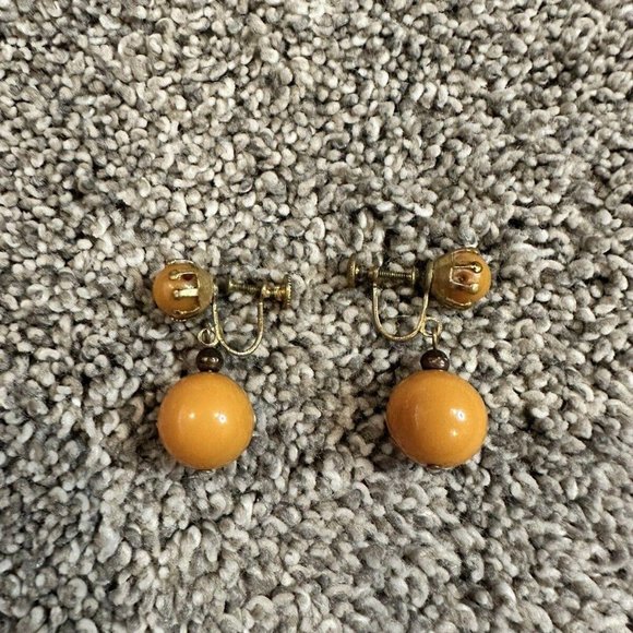 Vintage Bakelite Honey Earrings Screw Backs Tested Sphere Antique‎ Estate